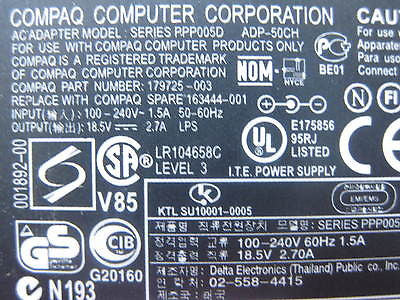 NEW Original Genuine Compaq AC Adapter 179725-003 PPP005D ADP-50CH